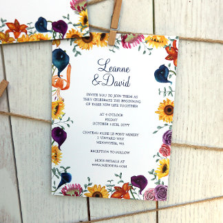 Gold Sunflowers, Navy & Plum Calla Lilies Wedding Invitation