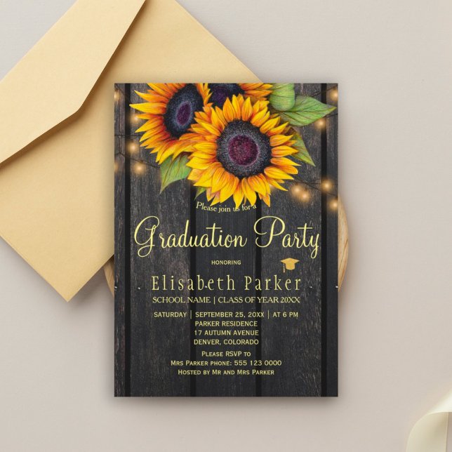 Gold sunflowers rustic barn wood graduation party invitation (Creator Uploaded)