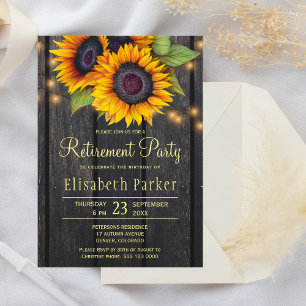 Gold sunflowers rustic barn wood retirement party invitation