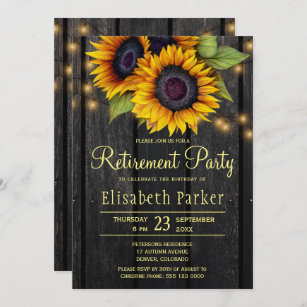Gold sunflowers rustic barn wood retirement party invitation