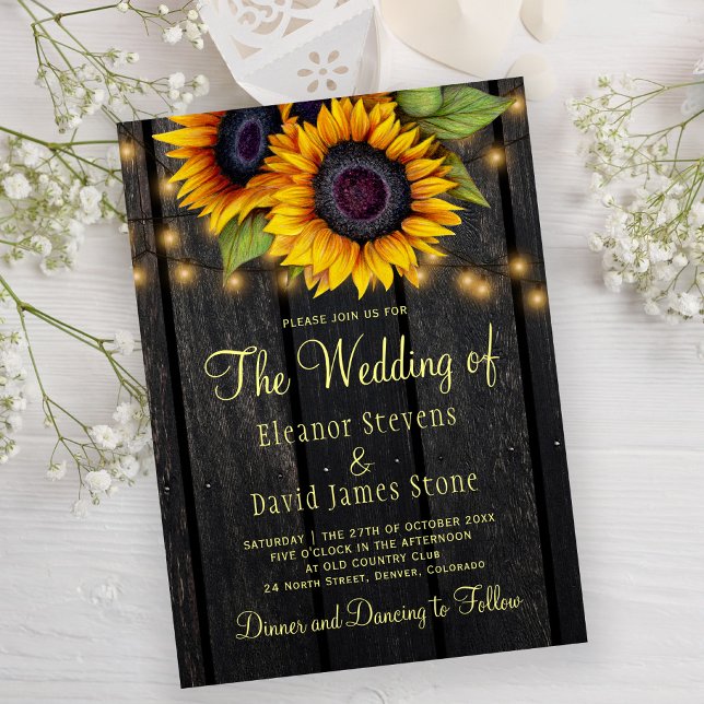 Gold sunflowers rustic country barn wood wedding invitation (Creator Uploaded)