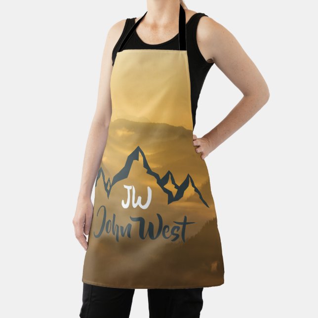 Gold sunrise personalizable mountains monogram apron (Insitu)