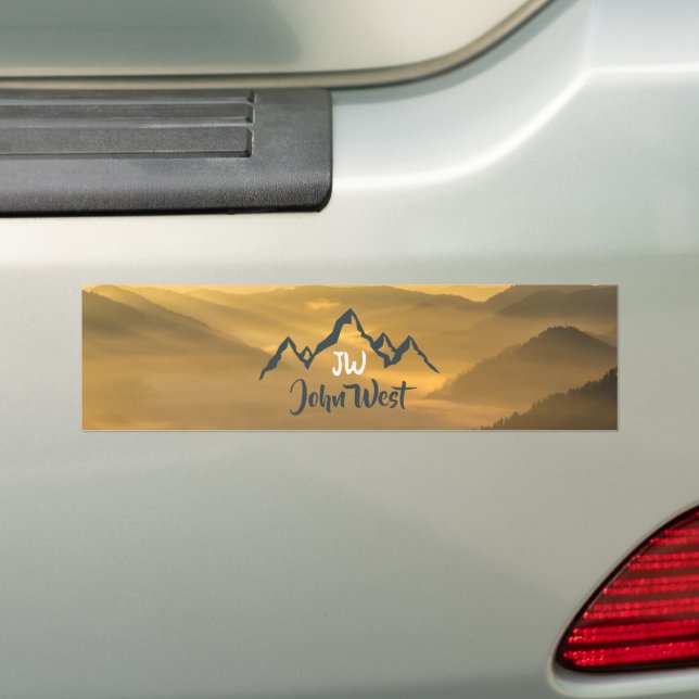 Gold sunrise personalizable mountains monogram bumper sticker (On Car)