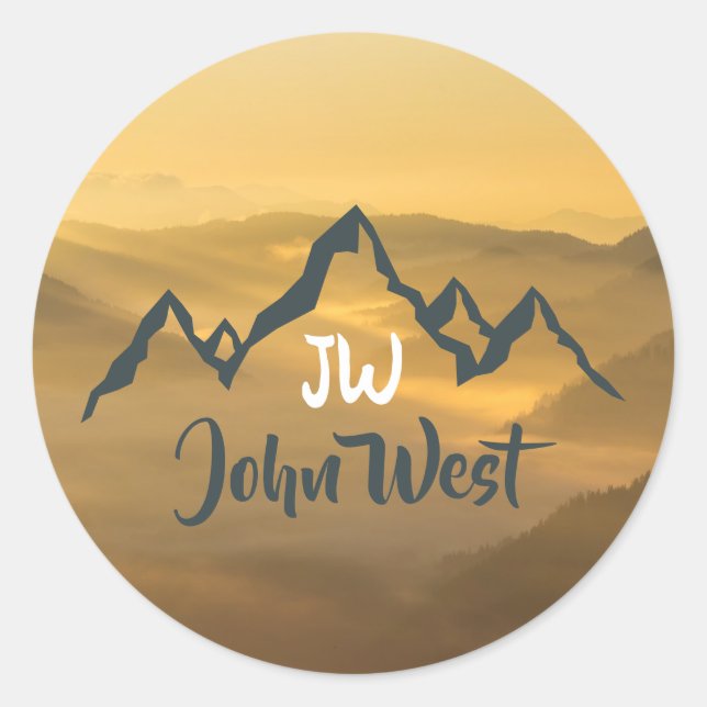 Gold sunrise personalizable mountains monogram classic round sticker (Front)