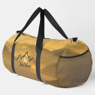 Gold sunrise personalizable mountains monogram duffle bag