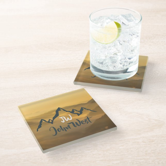 Gold sunrise personalizable mountains monogram glass coaster (Angled)