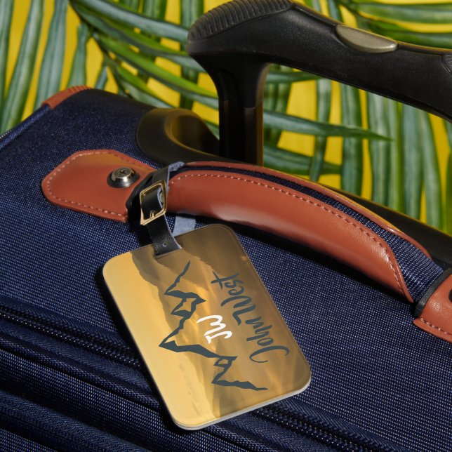 Gold sunrise personalizable mountains monogram luggage tag (Front Insitu 1)