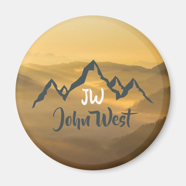 Gold sunrise personalizable mountains monogram magnet (Front)