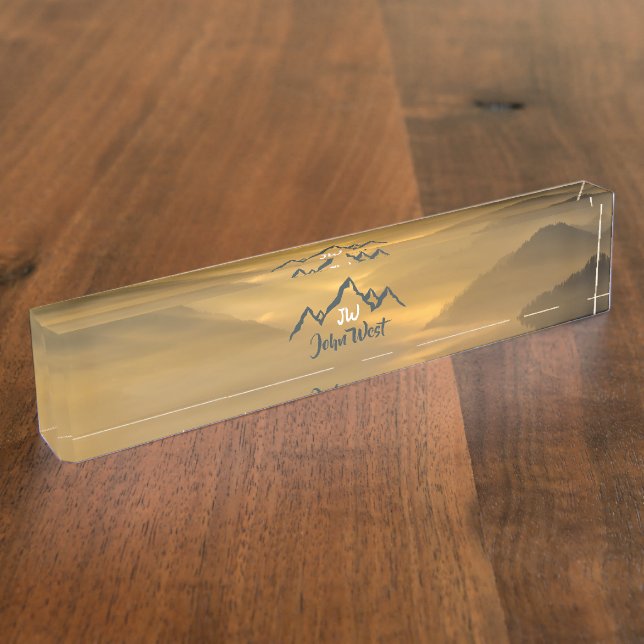 Gold sunrise personalizable mountains monogram nameplate (Side)