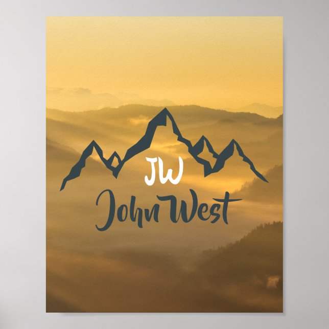 Gold sunrise personalizable mountains monogram poster (Front)