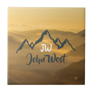 Gold sunrise personalizable mountains monogram tile