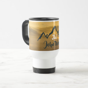 Gold sunrise personalizable mountains monogram travel mug