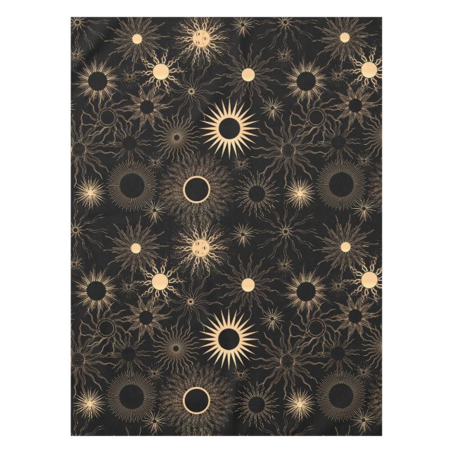 Gold suns graphic pattern on black tablecloth (Front)