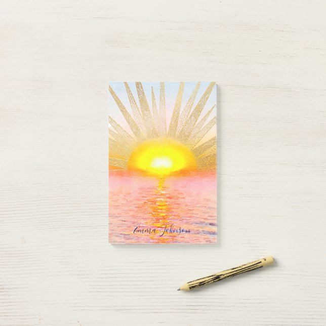 Gold Sunset Sun Mandala Watercolor Sea Post-it Notes (On Desk)