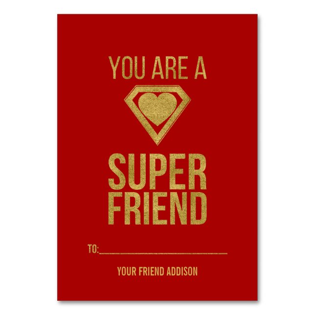 Gold Superhero Friend Classroom Valentine Card Red (Front)