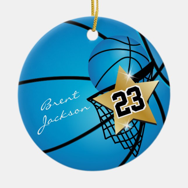 Gold Superstar Basketball | DIY Text | Blue Ceramic Tree Decoration (Front)
