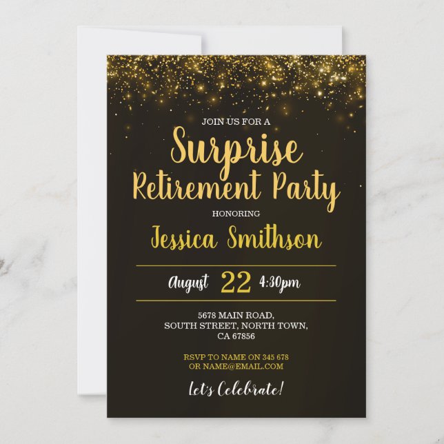 Gold Surprise Retirement Glitter Party Black  Invitation (Front)