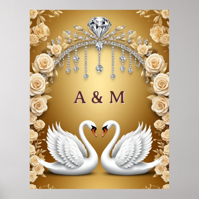 Gold Swan Pair Wedding Rose Luxury Background 🦢 Poster (Front)