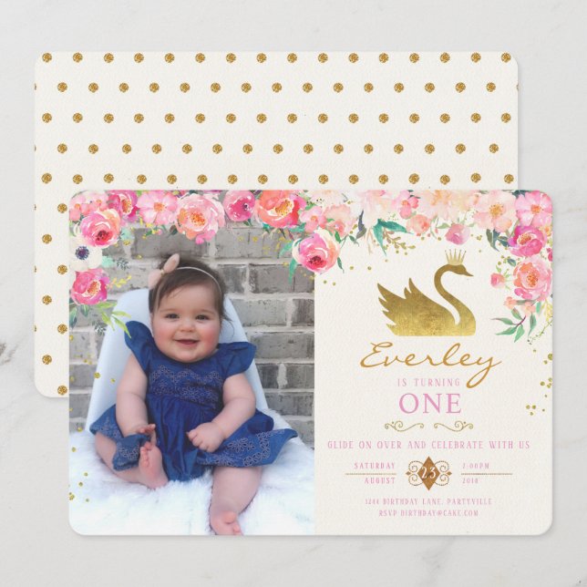 Gold Swan Princess Pink Floral Birthday Invitation (Front/Back)