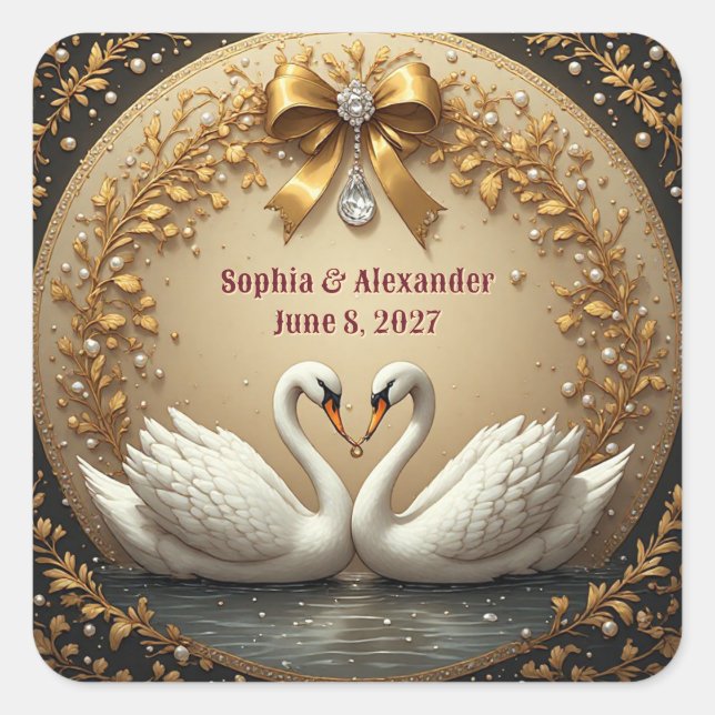 🦢 Gold Swan Wedding With Romantic Band ✨ Square Sticker (Front)