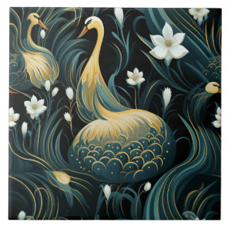 Gold Swans, White Flowers, Chinese Art Influence Tile