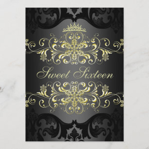 Gold Sweet16 Elegant Tiara Damask Birthday Invite