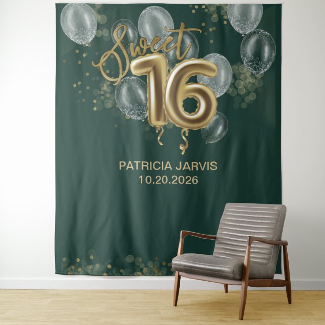 Gold Sweet 16 Balloons Emerald Green Backdrops Tapestry (In Situ)