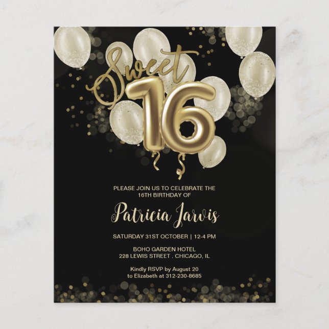 Gold Sweet 16 Bday Balloons Budget Invitations (Front)