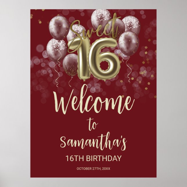 Gold Sweet 16 Bday Balloons Burgundy Welcome Sign (Front)