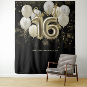 Gold Sweet 16 Bday Balloons Party Black Backdrop Tapestry