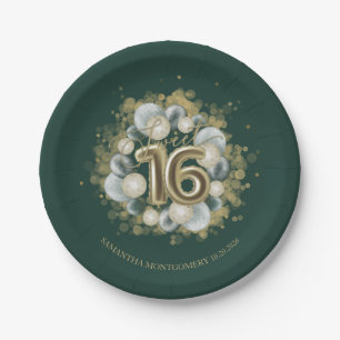 Gold Sweet 16 Bday Balloons Party Emerald Green Paper Plate