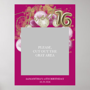 Gold Sweet 16 Bday Balloons Photo Prop Hot Pink Poster