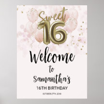Gold Sweet 16 Bday Balloons Pink Welcome Sign