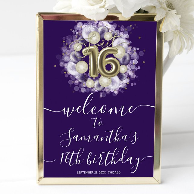 Gold Sweet 16 Bday Balloons Purple Welcome Sign (Creator Uploaded)