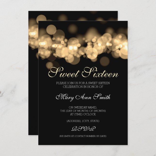 Gold Sweet 16 Birthday Bokeh Lights Invitation (Front/Back)