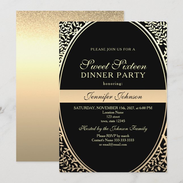 Gold Sweet 16 Birthday Invitation (Front/Back)