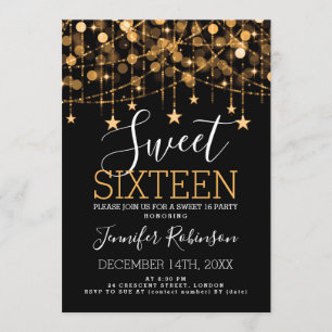 Gold Sweet 16 Birthday Sparkly String Lights Invitation