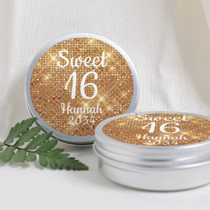 Gold Sweet 16 Girl Birthday Favours Tin Box Classic Round Sticker
