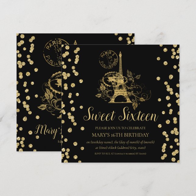 Gold Sweet Sixteen Paris Glitter Confetti Black Invitation (Front/Back)