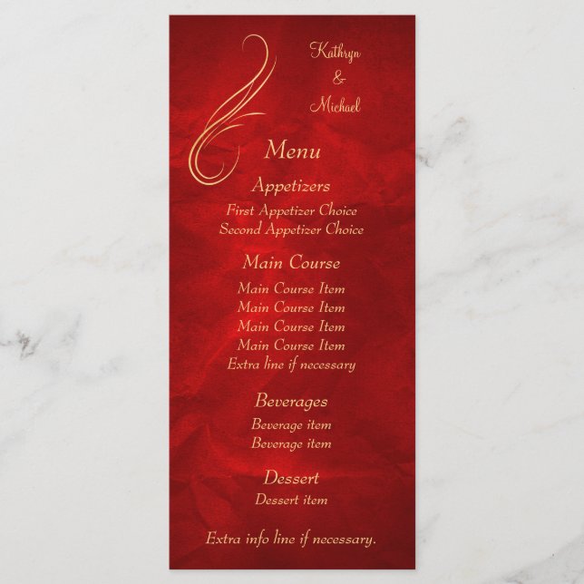 Gold Swirl Bright Red Wedding Menu (Front)