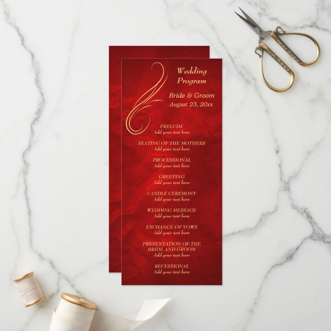 Gold Swirl Bright Red Wedding Program Programme (Front/Back In Situ)