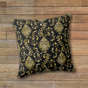 Gold Swirl Damask Pattern on Black Cushion
