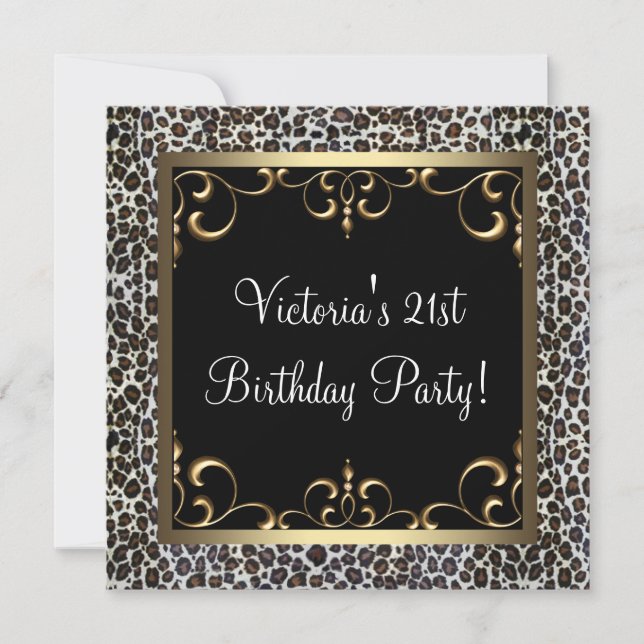 Gold Swirl Elegant Leopard Birthday Party Invitation (Front)