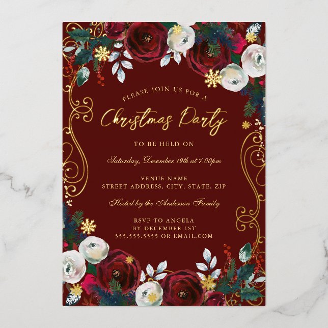 Gold Swirl Floral Red Green Christmas Party  Foil (Front)