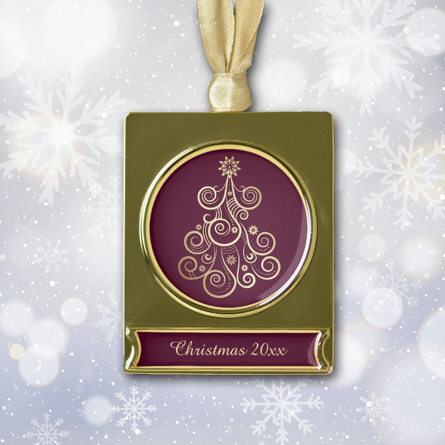 Gold Swirl Holiday Tree Plated Banner Ornament (Creator Uploaded)