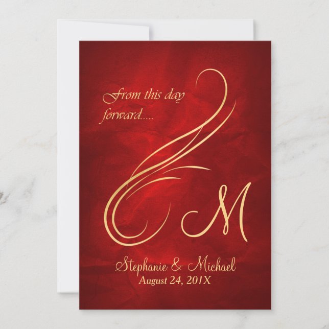 Gold Swirl Monogram Bright Red Wedding Invitation (Front)