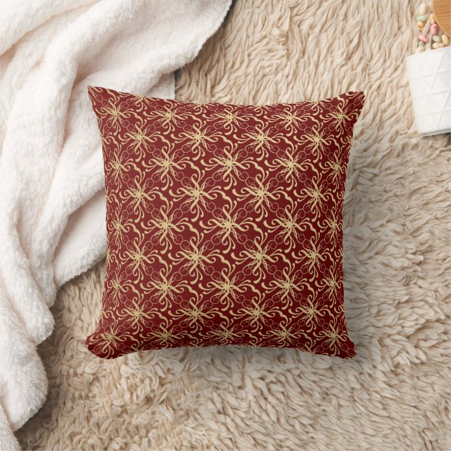 Gold Swirl Pattern on Maroon Red Throw Pillow (Blanket)