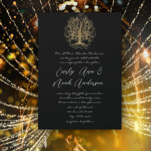 Gold Swirl Tree Black Metallic Wedding Invitation