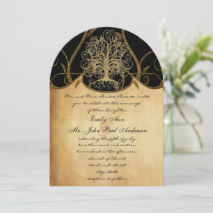 Gold Swirl Tree Gold & Black Metallic Wedding Invitation