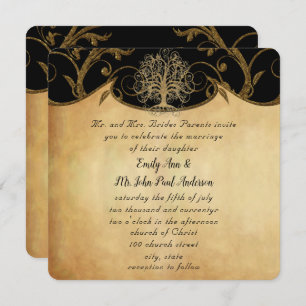 Gold Swirl Tree Gold & Black Metallic Wedding Invitation